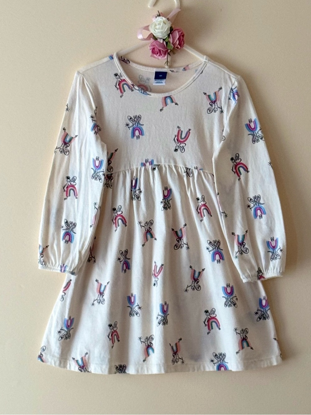 Old Navy Toddler Girls Cream Long-Sleeve Fairy/Rainbow Print Dress, Size 4T